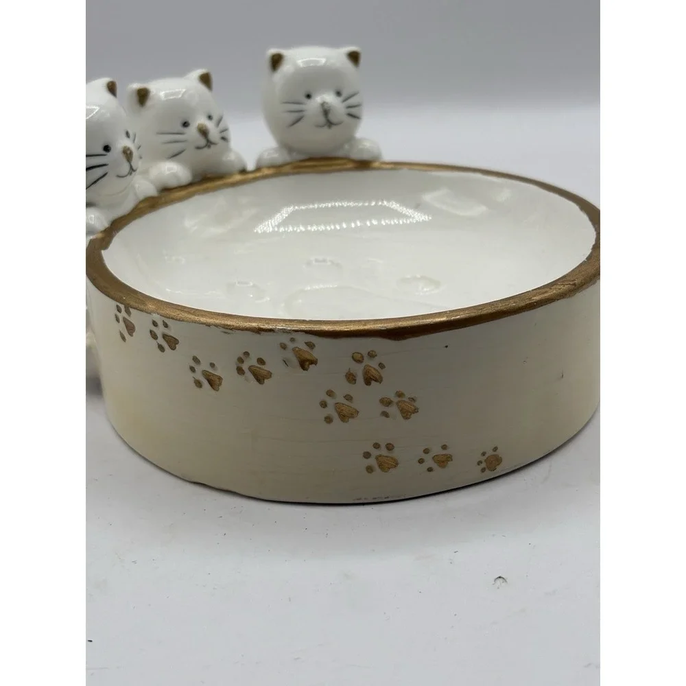 Vintage White & Gold Ceramic Cat Dish Paws on dish With Three Kittens 1998
